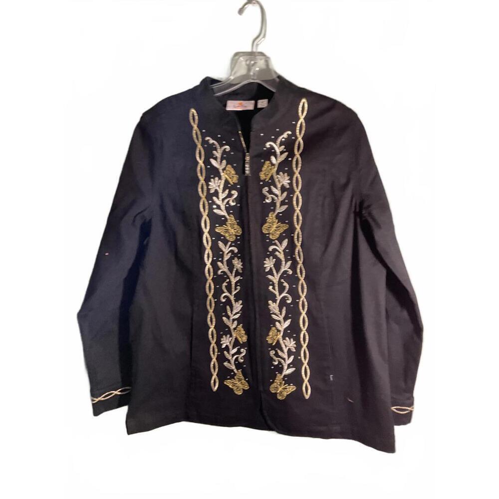 Quacker Factory Elegant Black Embroidered Jacket with Floral Design M